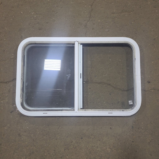 Used White Radius Opening Window : 30 1/4" W x 19" H x 1 3/4" D - Young Farts RV Parts