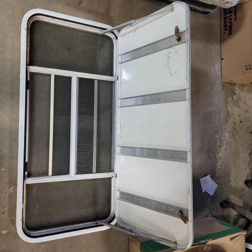 Used White Radius Opening Window With Rock Guard Cover : 48 X 22 X 2" D - Young Farts RV Parts