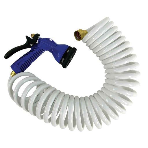 15' White Coiled Hose w/Adjustable Nozzle - Young Farts RV Parts
