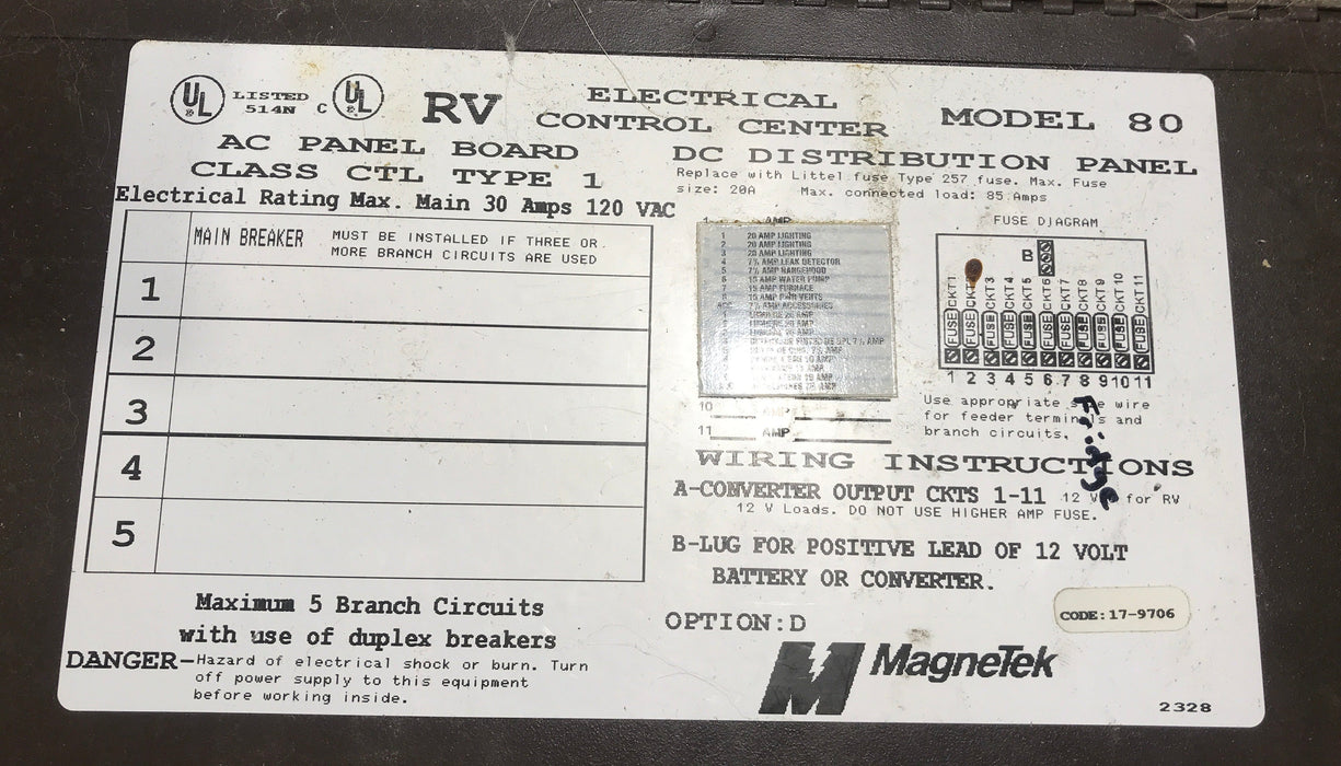 Used 30 AMP Magnetek DC Distribution Panel - Model 80