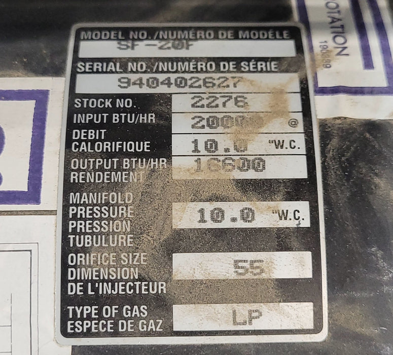 20,000 BTU Used Suburban RV Propane Furnace - SF-20F