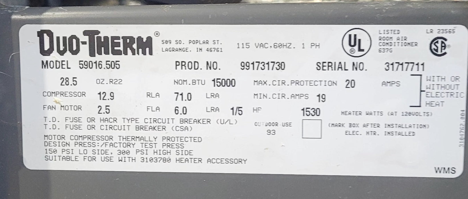 Used Dometic Air Conditioner, Head Unit, 13500 BTU, Cool Only - 59016.505 HAS RIBBON STYLE WIRE CONNECTOR