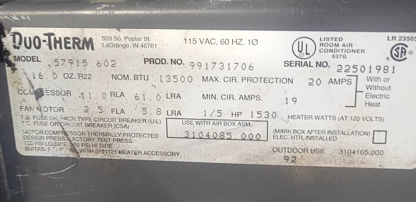 Used Duo-Therm Air Conditioner, Head Unit,  13500 BTU, Cool Only - 57915.602