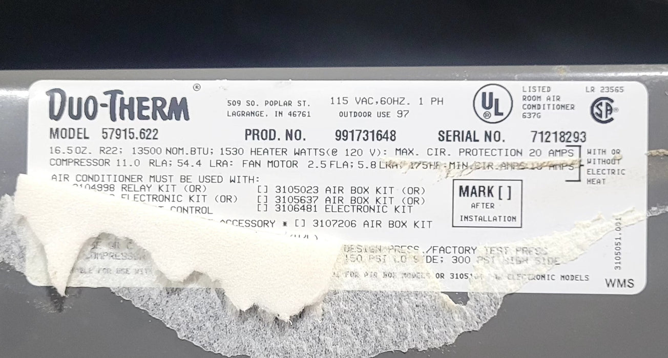 Used Duo-Therm Air Conditioner, Head Unit, 13500 BTU, Cool Only - 57915.622