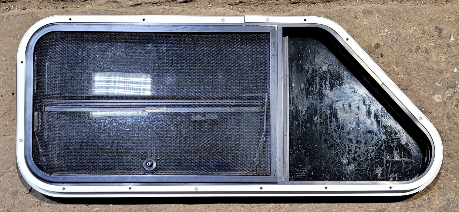 Used Slanted Black Radius Opening Window : 35 1/2" W x 14 3/4" H x 1 1/8" D - Young Farts RV Parts
