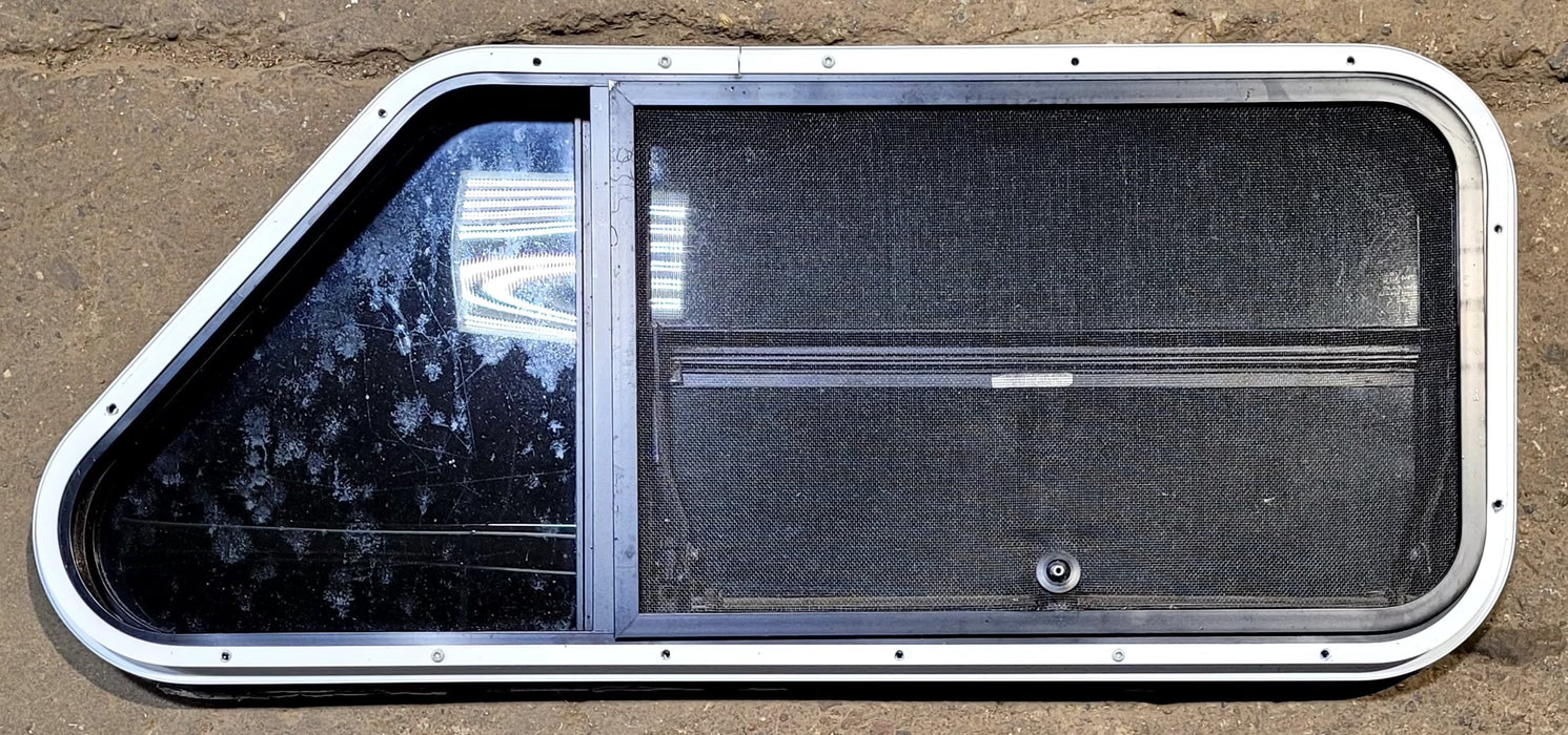 Used Slanted Black Radius Opening Window : 35 1/2" W x 14 3/4" H x 1 1/8" D - Young Farts RV Parts