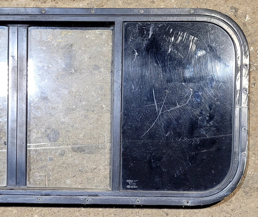 Used Black Radius Opening Window : 40 3/4" W x 16 3/4" H x 3/4" D - Truck Camper Front Slider - Young Farts RV Parts