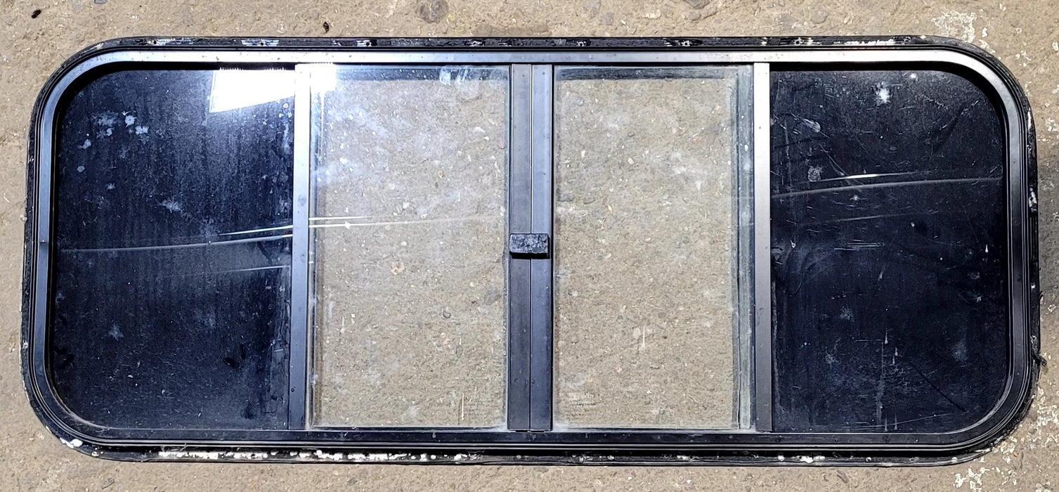 Used Black Radius Opening Window : 40 3/4" W x 16 3/4" H x 3/4" D - Truck Camper Front Slider - Young Farts RV Parts