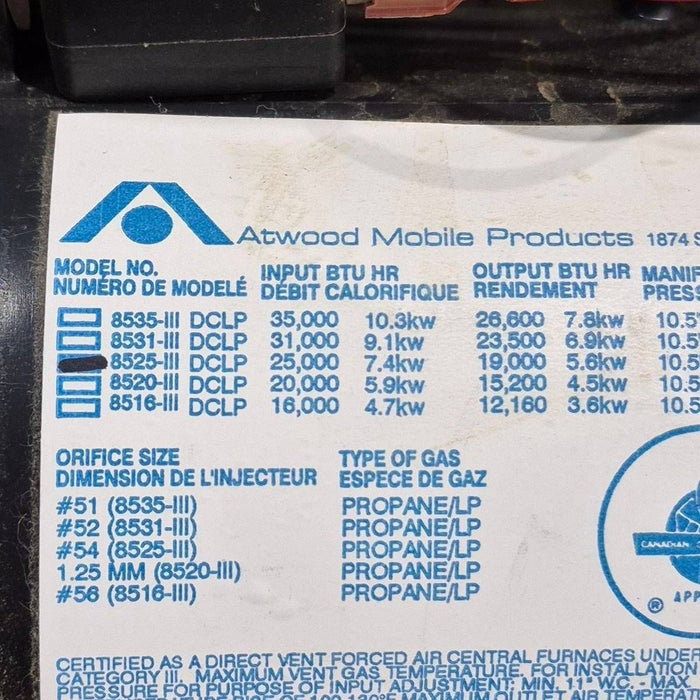 25,000 BTU Used Atwood / Hydro Flame RV Propane Furnace - 8525-III-DCLP
