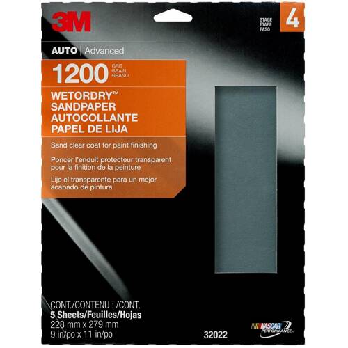 3M Wetordry Sandpaper - 9" x 11"; 1200 Gritl Black; Case of 5 Sheets - 32022