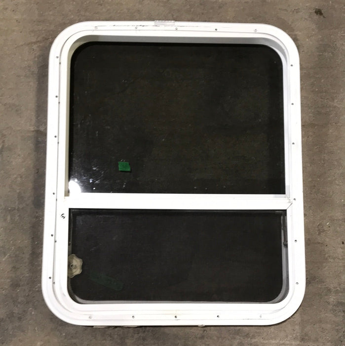 Used White Radius Opening Window : 28 1/2" W x 23 1/2" H x 2" D - Young Farts RV Parts