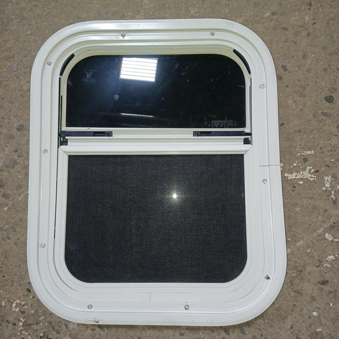 Used Young Farts RV Parts White Radius Opening Window - 17 3/8″ X 14″ X 1 3/8″