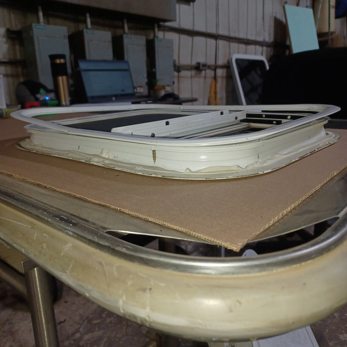 Used Young Farts RV Parts White Radius Opening Window - 17 3/8″ X 14″ X 1 3/8″
