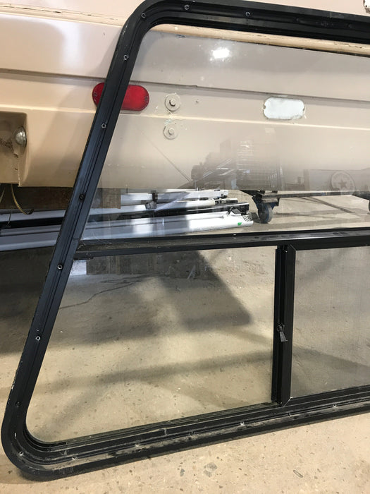 Used Slanted Black Radius Opening Window : 41 1/4" W x 33 3/4" H x 2" D - Young Farts RV Parts