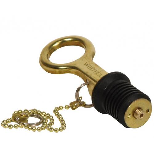 WHITECAP Boat Drain Plug - Marine Series - Bailer - 1" Diameter - Brass; With 8" Chain - S-0209C