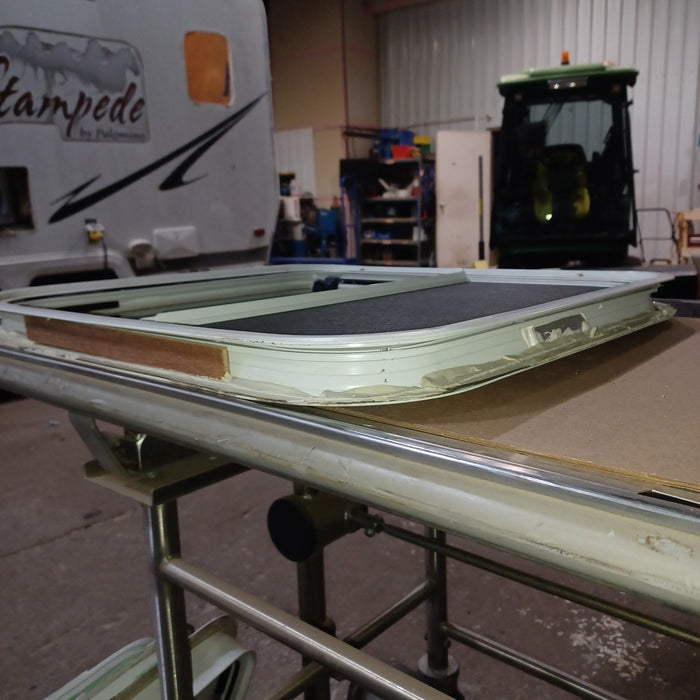 Used Young Farts RV Parts White Radius Opening Window - 22 7/8″ X 21.5″ X 1.25″ - 0757 Vanguard Industries