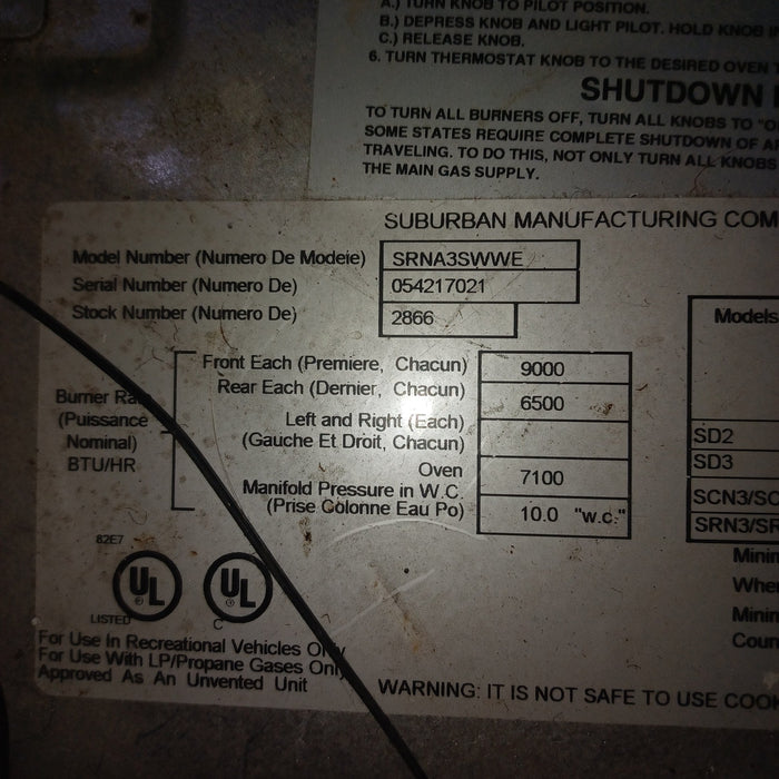 Used Suburban Range Stove 3 Burner - SRNA3SWWE