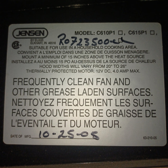 Used Jensen RV Range Hood Fan R0723500C