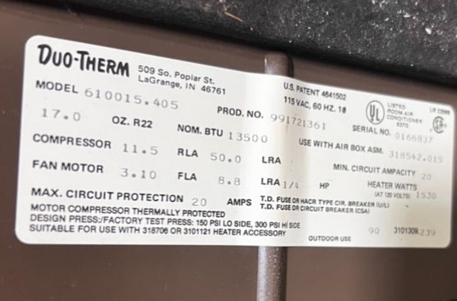 Used Duo-Therm Air Conditioner, Head Unit, 13500 BTU, Cool Only - 610015.405