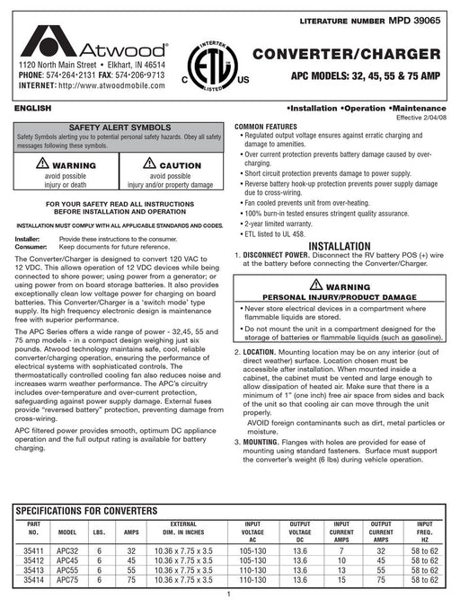 Atwood APC- 45 amp power converter charger - Young Farts RV Parts