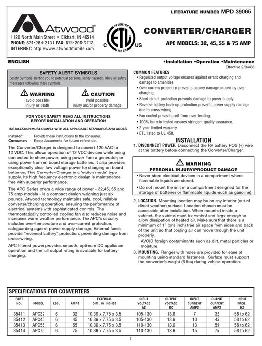 Atwood APC- 45 amp power converter charger - Young Farts RV Parts