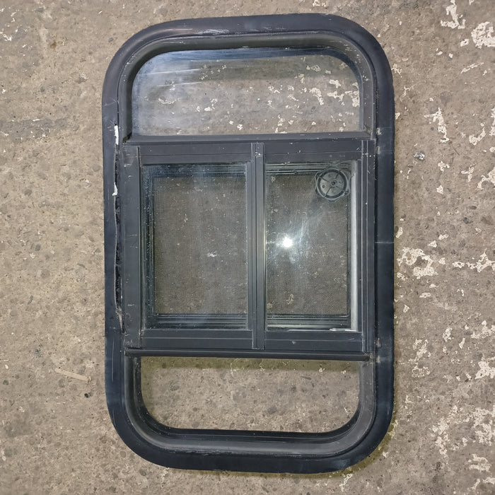 Used Young Farts RV Parts Black Radius Louvered Window : 23.5" x 14 3/8" x 2"