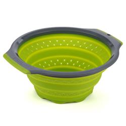 Kitchen Strainer Progressive International PS-3507 Prep ® Solutions, Collapsible Type, Collapses To 1" Thickness, 3 Quart Capacity, Dishwasher Safe, Green And Gray, Silicone, Single, With Soft Grip Handle, 11.18" Width x 10" Depth x 1" Height
