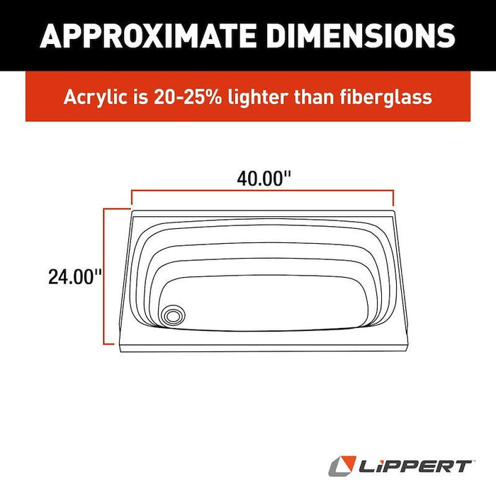 Lippert Components 209673 Better Bath LHD White Bathtub - 24 Inch x 40 Inch - Young Farts RV Parts