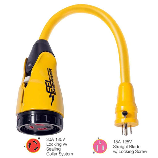 P15 - 30 EEL 30A - 125V Female to 15A - 125V Male Pigtail Adapter - Yellow - Young Farts RV Parts