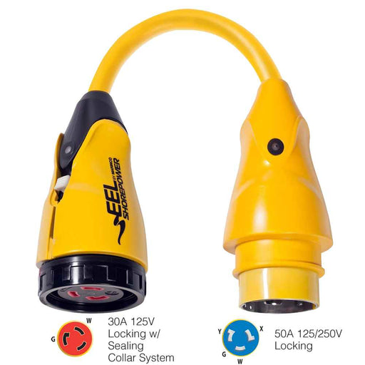 P504 - 30 EEL 30A - 125V Female to 50A - 125/250V Male Pigtail Adapter - Yellow - Young Farts RV Parts