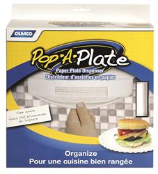 Plate Holder Camco 57001 Pop-A-Plate, For 9" Paper or Plastic Plates, Under Cabinet Screw In Mount, White, Plastic