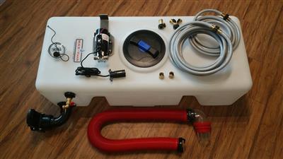 Portable Waste Holding Tank Max Tank G-01 50 Gallon Capacity, Polyethylene, With Screw-On Cap/ Pre-Installed Bulkheads/ Standard RV Sewer Discharge Valve/ 10 Feet Sewer Hose/ Clear Sewer Valve Cap With Garden Hose Adapter/ Brass 1/4 Turn Inlet Valve/ 12 V - Young Farts RV Parts