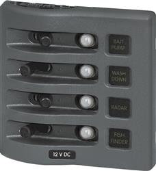 Power Distribution Box Blue Sea 4374-BSS WeatherDeck ®; CLB Circuit Breakers Panel; 15 Amps At 12 Volts DC/ 9 Amps At 24 Volts DC; CLB Circuit Breakers; 4 Positions; Gray; Reinforced Polycarbonate; 4-1/4" x 4.3" x 3-1/2" - Young Farts RV Parts
