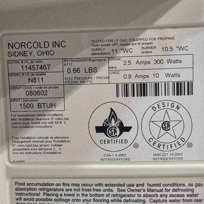 Used Complete Norcold Fridge, 2-Way - N811