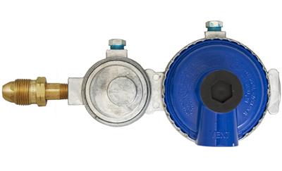 Propane Regulator Marshall Excelsior MEGR - 295LP POL Inlet x 3/8" FNPT Outlet With 90 Degree Vent; Two Stage; 225000 BTU; Without Hose; Zinc Powder Coated; Zinc Die Casted; Internal Relief Spring Loaded Diaphragm Type; Low Capacity; With Retail Packaging - Young Farts RV Parts