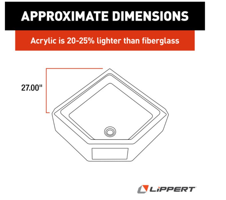 Shower Pan 27" x 27", Lippert Components 325246 Better Bath, Corner, With 10" Threshold and Access Panel, Center Drain, White - Young Farts RV Parts