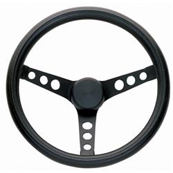 Steering Wheel Grant Products 338 Classic Series., 13 3/4" Diameter, 3 Spoke, Black Leather Grained Vinyl Grip, Chrome Plated Steel Spokes, Without Cruise Control Buttons/Holes, 3 Bolt, With Horn Button