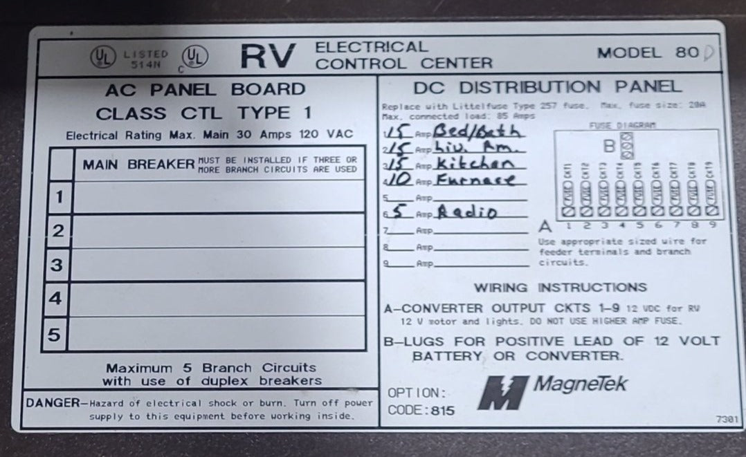 Used 30 AMP MAGNETEK DC Distribution Panel - Model 80 - Young Farts RV Parts