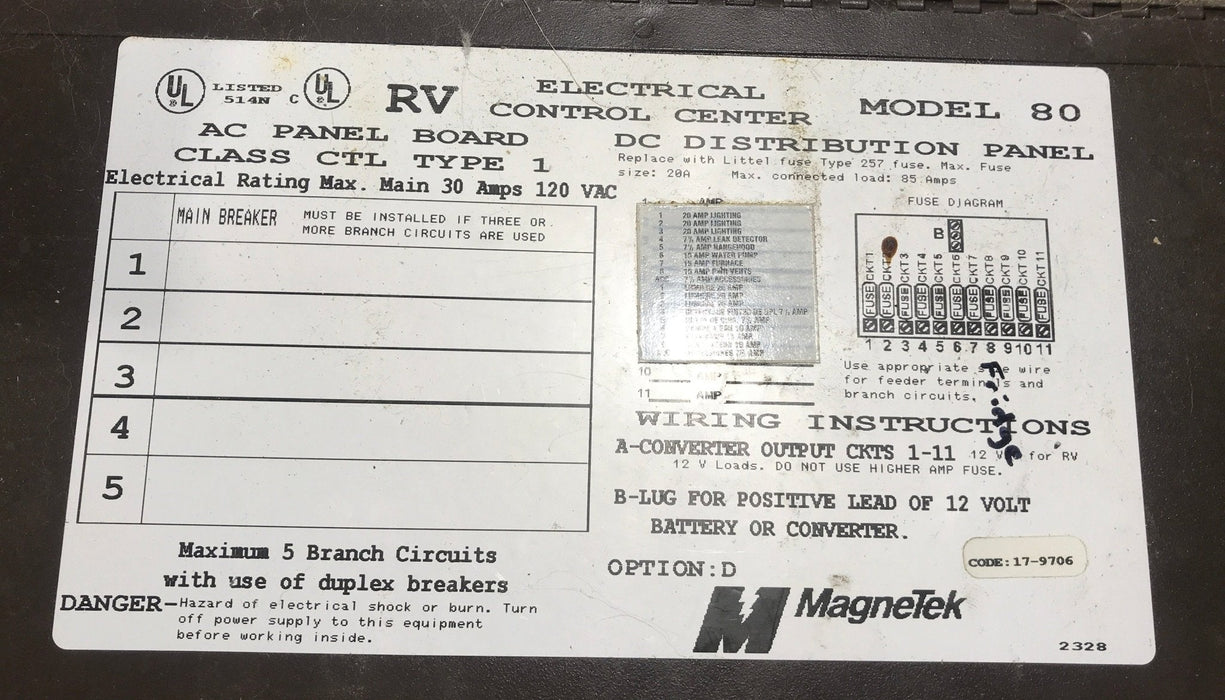 Used 30 AMP Magnetek DC Distribution Panel - Model 80