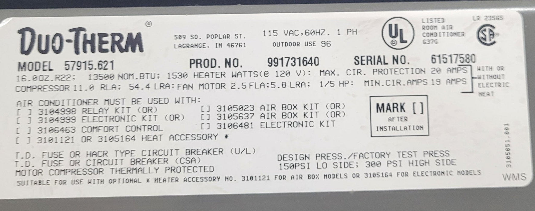 Used Duo-Therm Air Conditioner, Head Unit, 13500  BTU - 57915.621