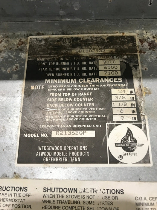 Used Atwood / Wedgewood range stove 3-burner R2136BGP