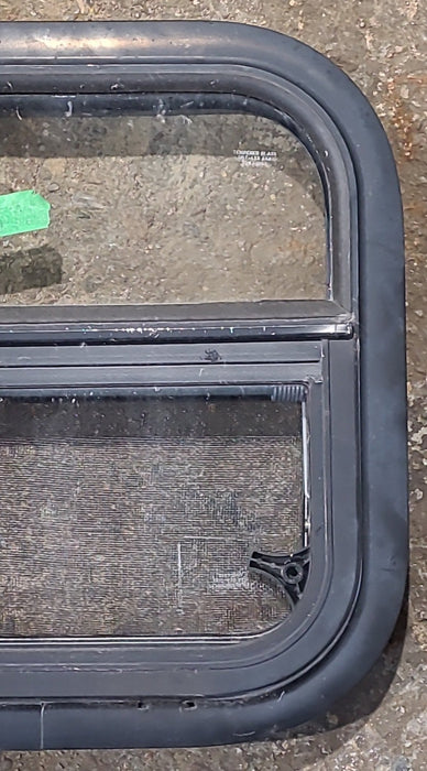 Used Black Radius Opening Window : 14 1/2" W x 14 1/2" H x 1 3/4" D - Young Farts RV Parts