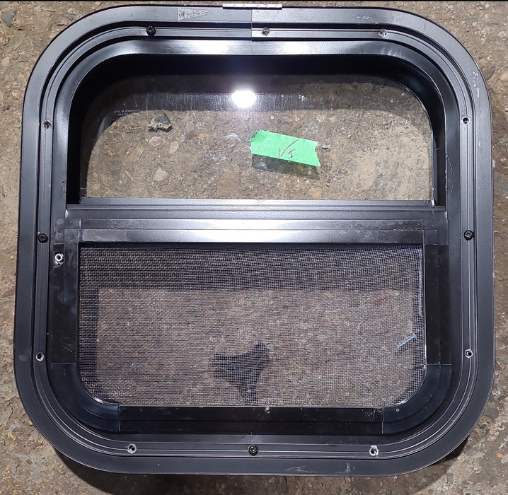 Used Black Radius Opening Window : 14 1/2" W x 14 1/2" H x 1 3/4" D - Young Farts RV Parts