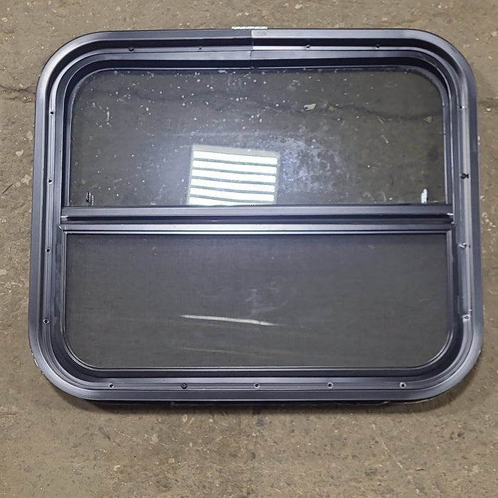 Used Black Radius Opening Window : 23 1/2" W x 19 1/2" H x 1 3/4" D - Young Farts RV Parts