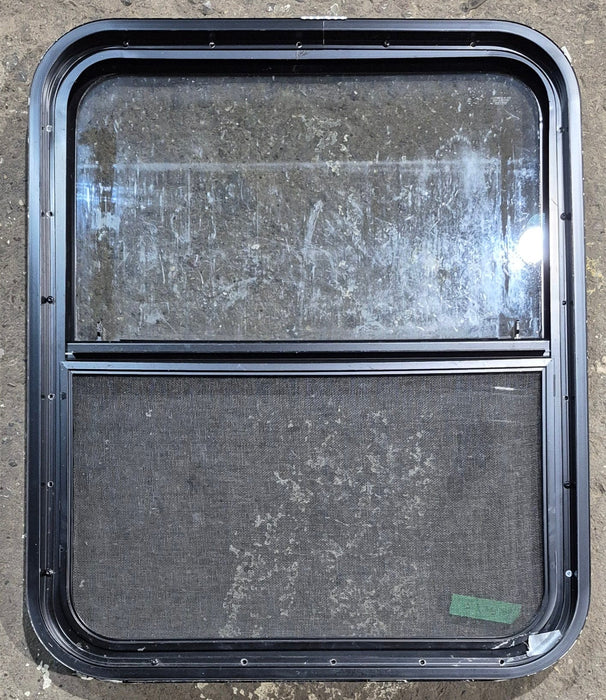 Used Black Radius Opening Window : 23 1/4" W x 28 1/4" H x 1 3/4" D - Young Farts RV Parts