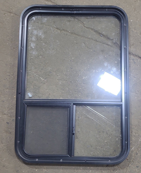 Used Black Radius Opening Window : 24 1/2" W x 35 3/4" H x 1 3/4" D - Young Farts RV Parts