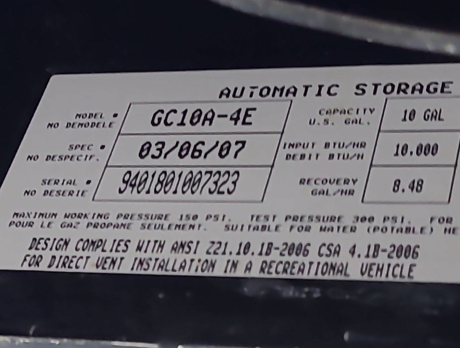 Used Complete Atwood GC10A-4E Hot Water Heater 10 Gal.