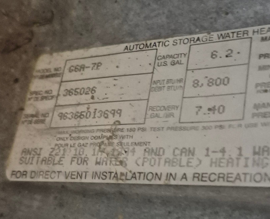 Used Complete Atwood Hot Water Heater, 6 Gallon - G6A-7P