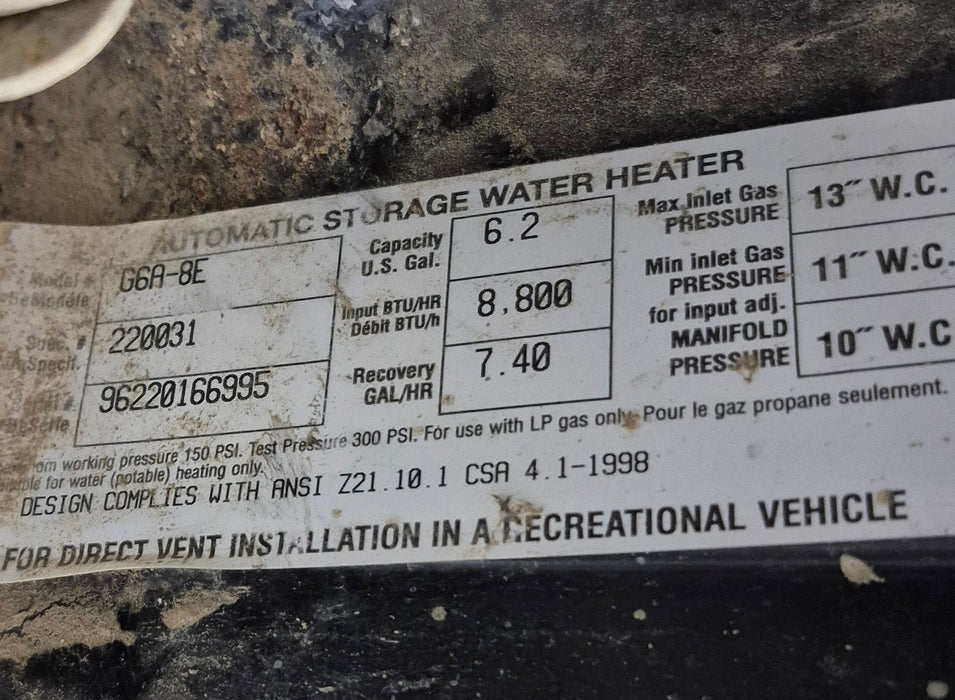 Used Complete Atwood Hot Water Heater, 6 Gallon - G6A-8E