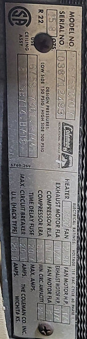 Used Coleman Air Conditioner, Head Unit, 13500 BTU, Cool Only - 6759C707 3 BOLT MOUNT